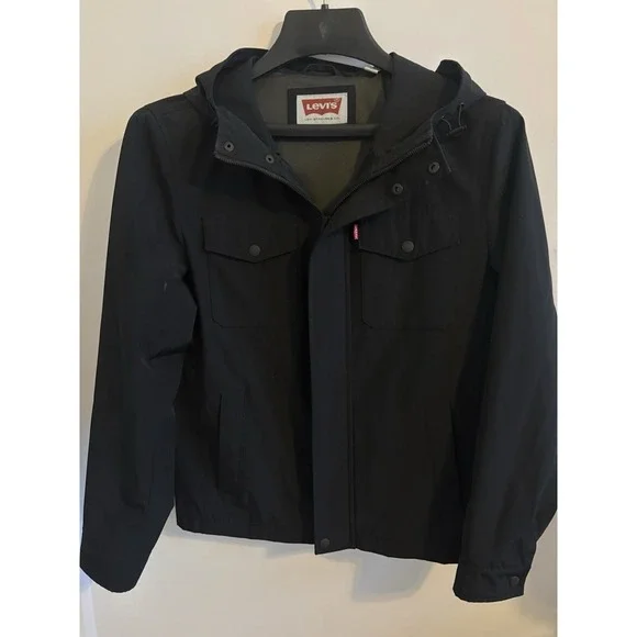 Levi's Black Men's Water Repellent Soft shell Hooded Trucker Jacket Small - Picture 1 of 6